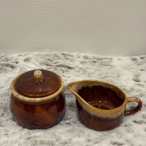 MCM Vintage Hull Brown Drip Glaze Sugar Bowl with Lid and Creamer USA  EUC